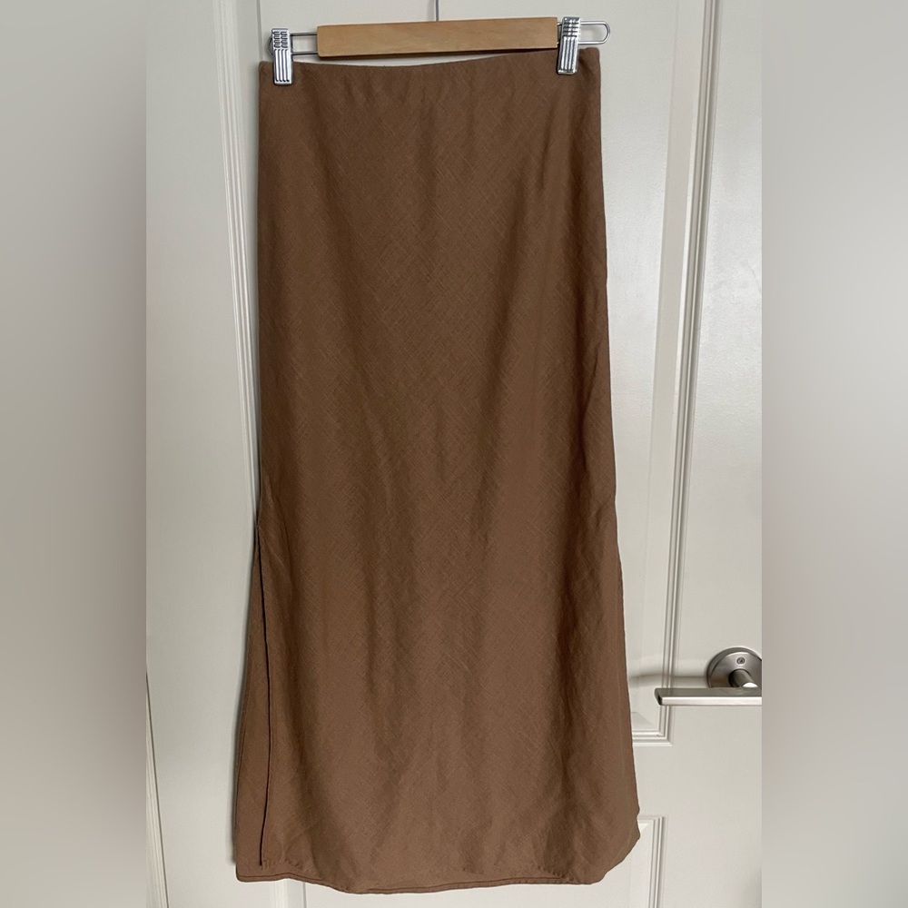 RW&CO Camel Linen Blend Maxi Skirt Side Slits Straight Fit with Drape - XS